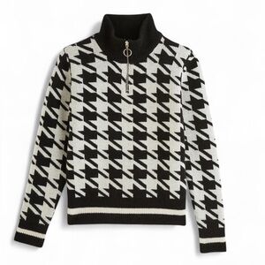 MONOPRIX SKI Wool Houndstooth High Collar Zip Wool Sweater